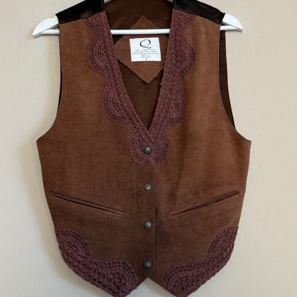 Suede Leather Crochet Tan Western Cowboy Vest Small - Picture 1 of 8